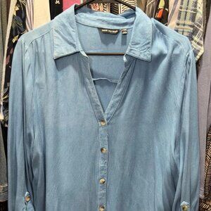 Women's Unique Spectrum Collard Tunic Top Jean Shirt Light Blue Size XL